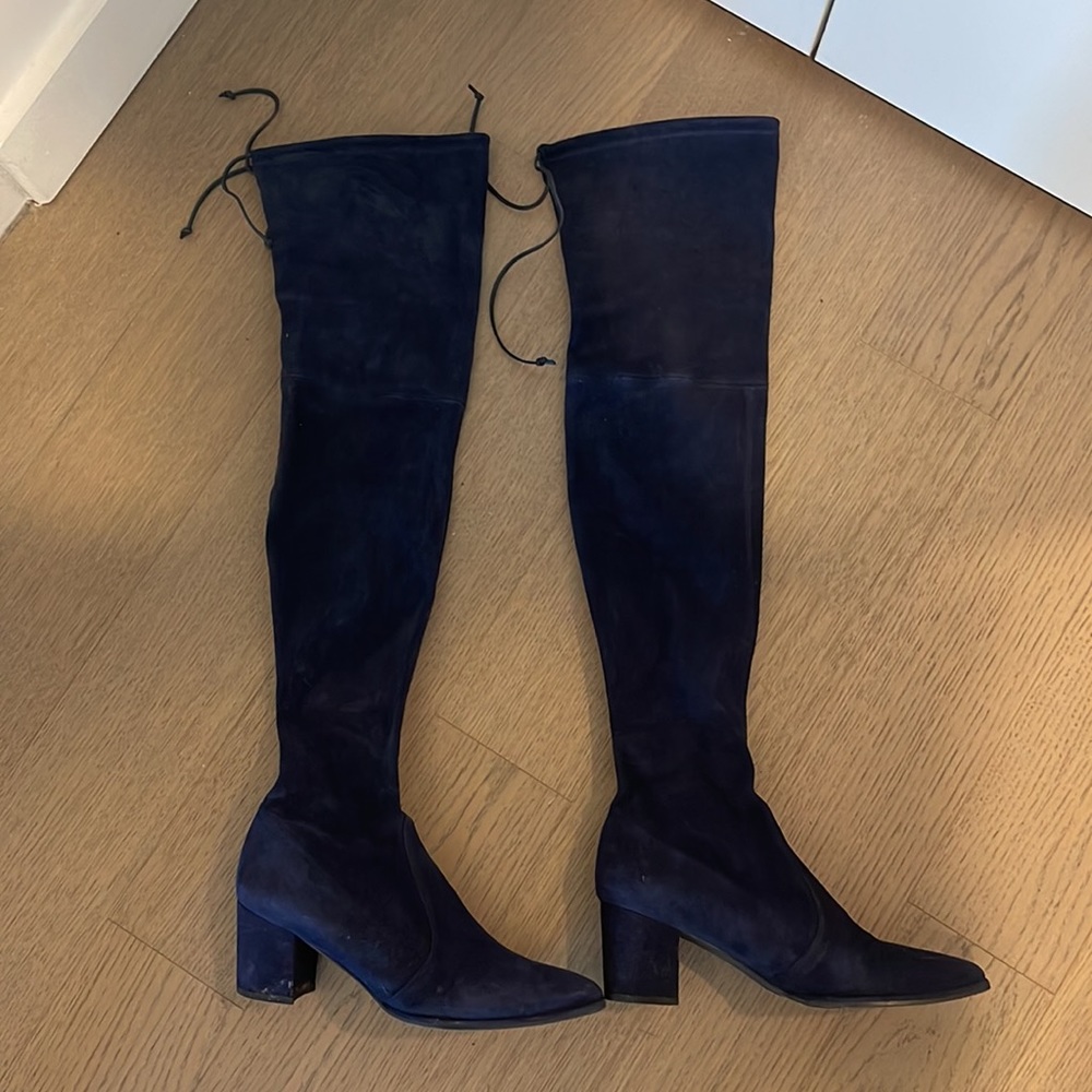 Stuart Weitzman Thighland Suede Navy Over the Knee Heeled Boots